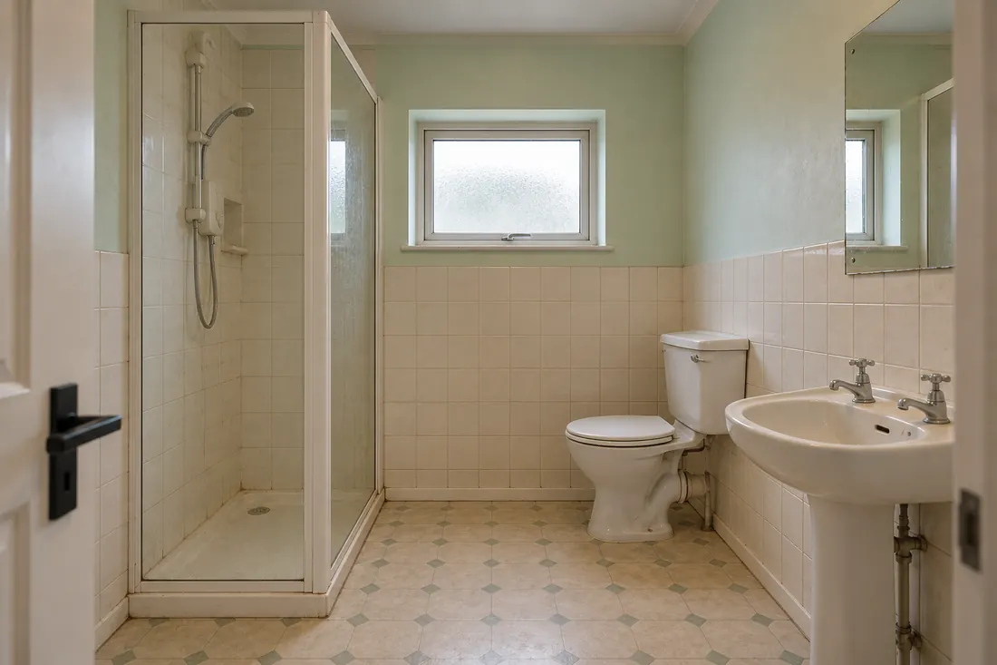 Older bathroom with patterned lino and corner shower