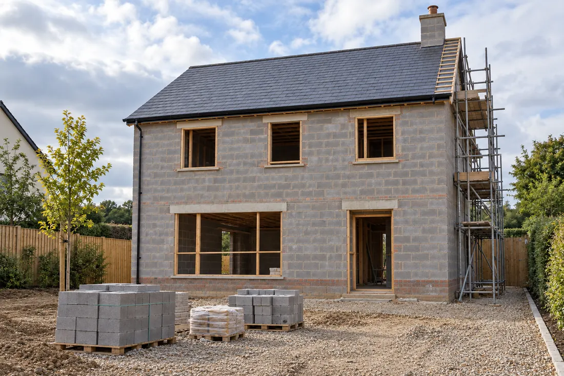 Two-storey blockwork shell with scaffolding and pallets of blocks