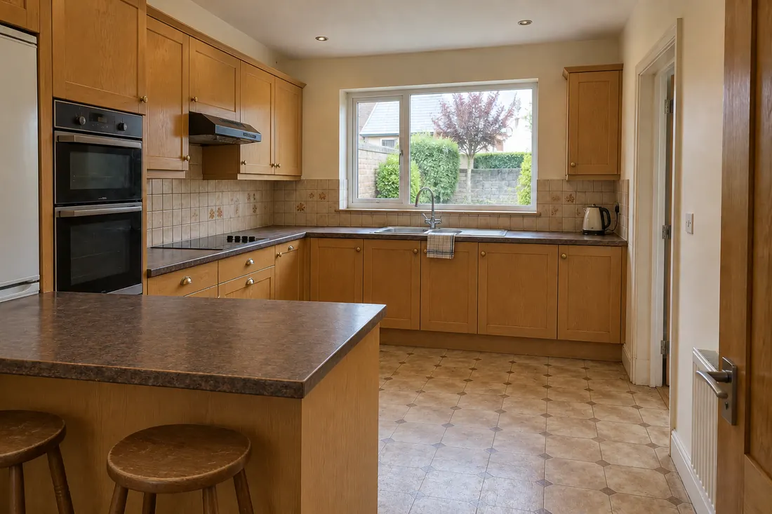 Dated kitchen with orange wood units and dark worktops