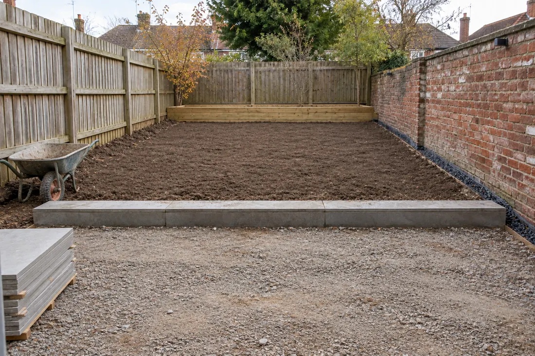 Garden cleared to level ground with edging installed